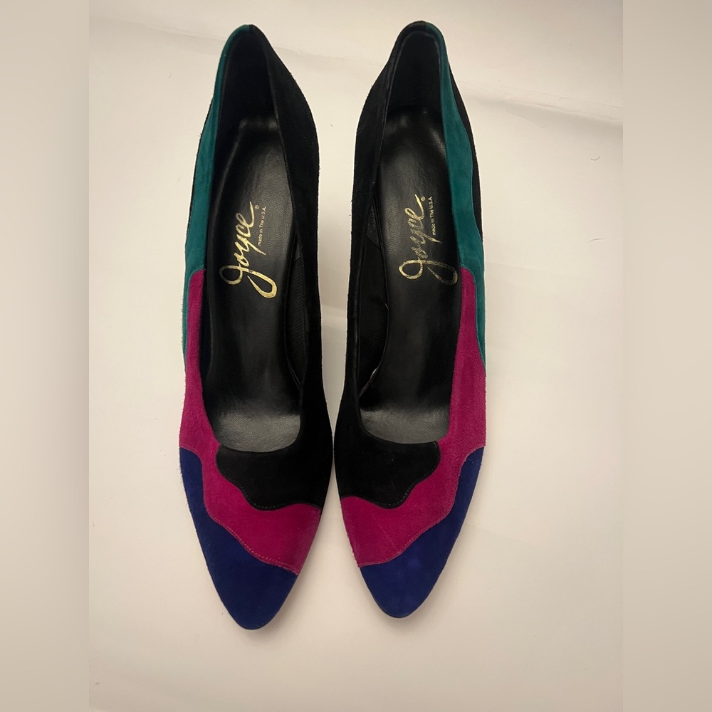 Joyce Vintage Suede Heels purple, fuscha, green, black‎ 1980 size 10.5